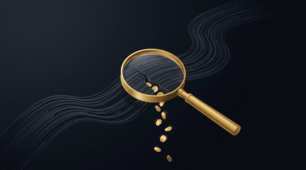 Lupa dorada sobre un flujo de datos que revela monedas que se escapan: auditoría del gasto de agentes de IA y procesos automáticos