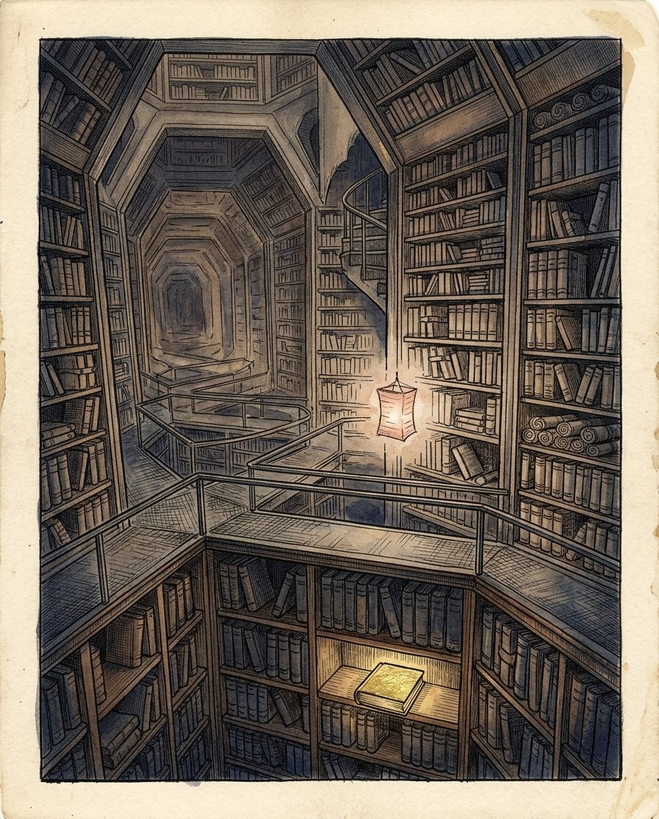 Ilustración de una biblioteca infinita de registros con un farolillo de papel flotando y un solo libro encendido en un estante bajo