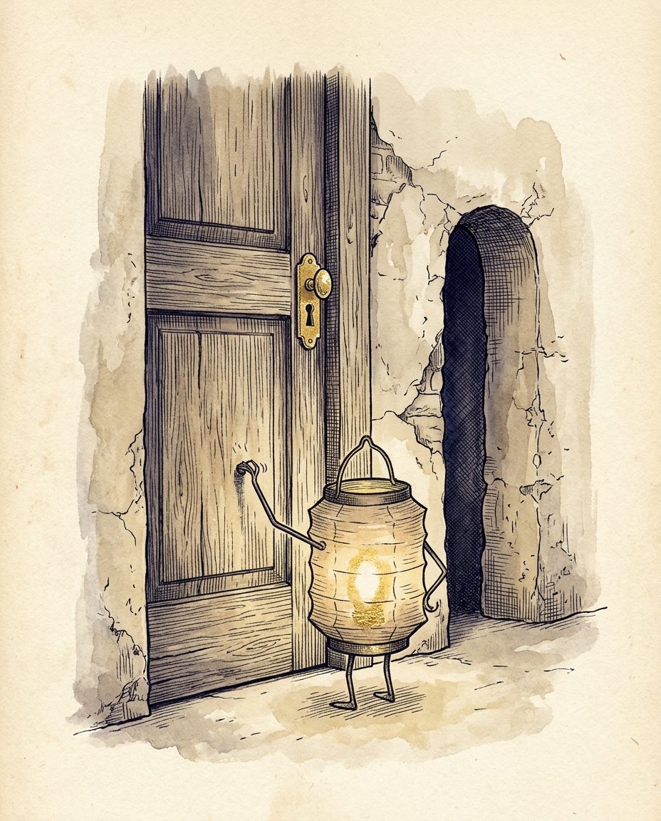 Ilustración de un farolillo de papel que llama a una puerta cerrada en lugar de colarse por el hueco de al lado
