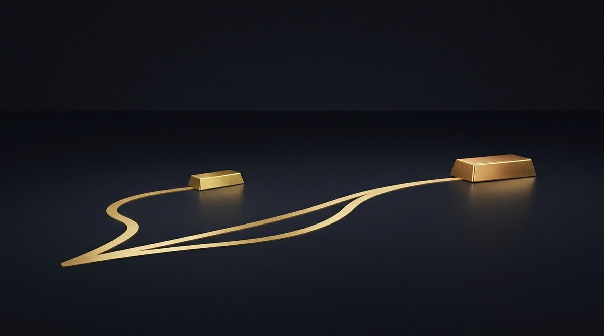 Dos caminos dorados desde el mismo punto hacia dos lingotes: la diferencia entre el precio de contado y el de futuros del oro