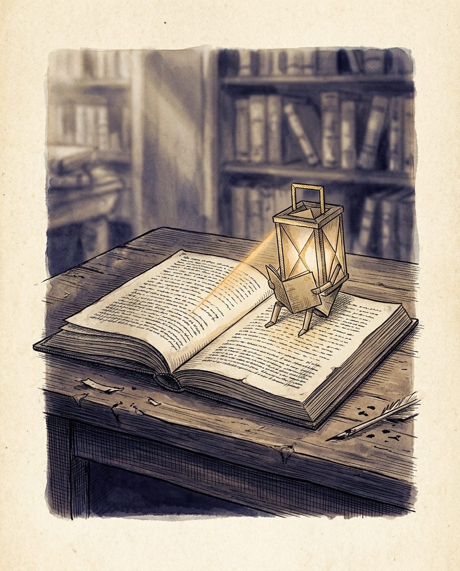 Ilustración de un farolillo de papel que lee un cuaderno abierto: Trece, un agente de IA sin memoria que vive de lo que escribe
